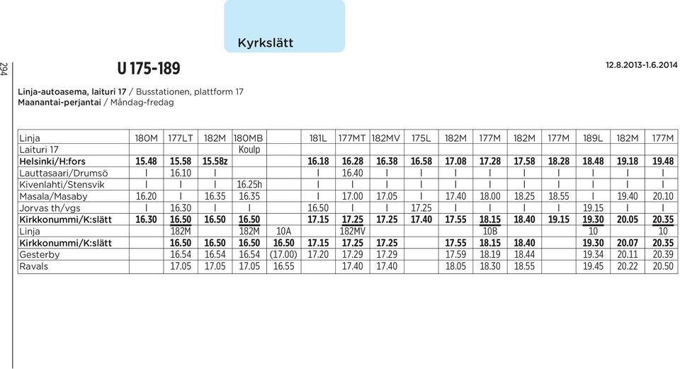 40 I I I I I I I I I Kivenlahti/Stensvik I I I 16.25h I I I I I I I I I I I Masala/Masaby 16.20 I 16.35 16.35 I 17.00 17.05 I 17.40 18.00 18.25 18.55 I 19.40 20.10 Jorvas th/vgs I 16.30 I I 16.