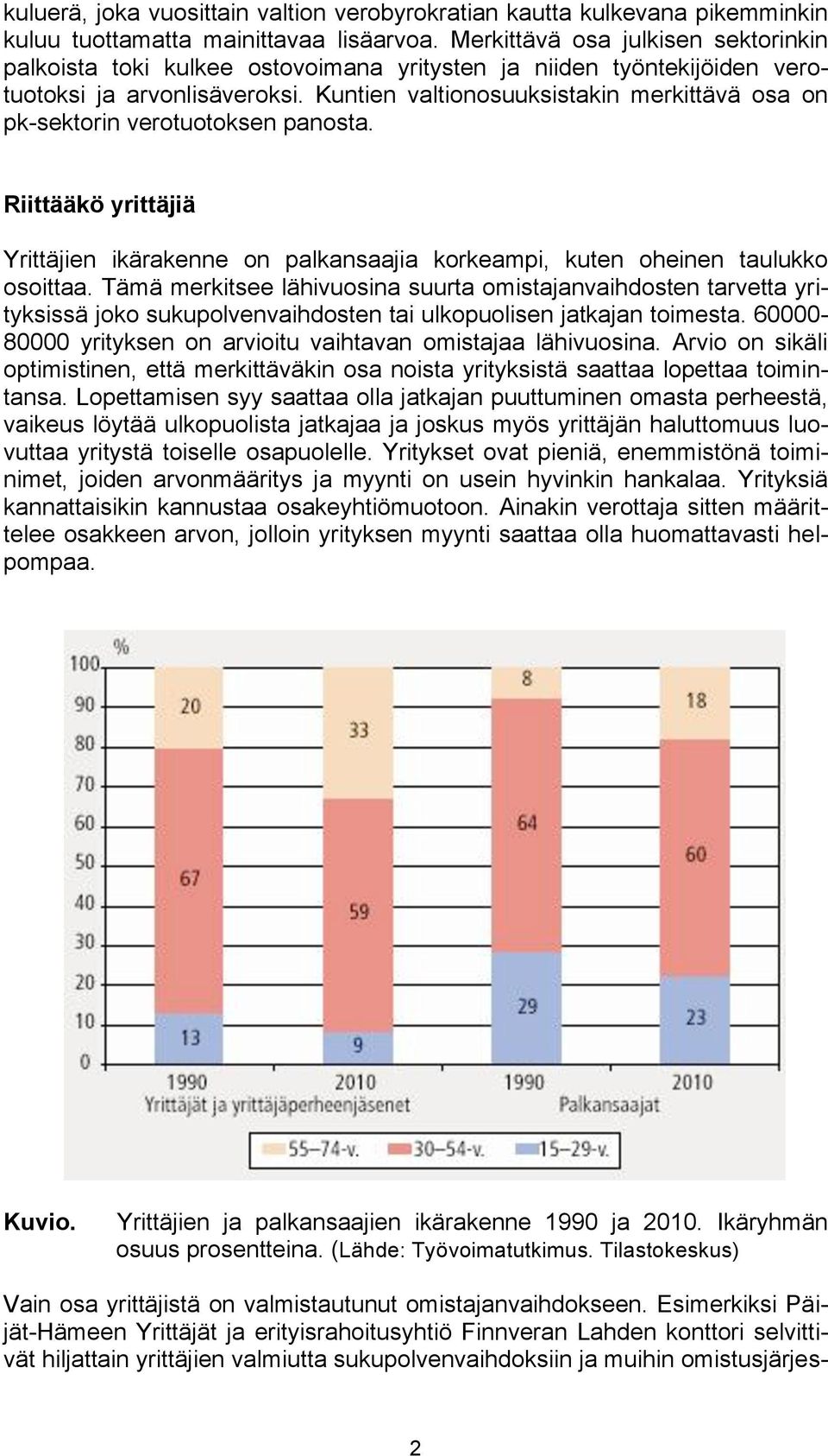 Kuntien valtionosuuksistakin merkittävä osa on pk-sektorin verotuotoksen panosta. Riittääkö yrittäjiä Yrittäjien ikärakenne on palkansaajia korkeampi, kuten oheinen taulukko osoittaa.