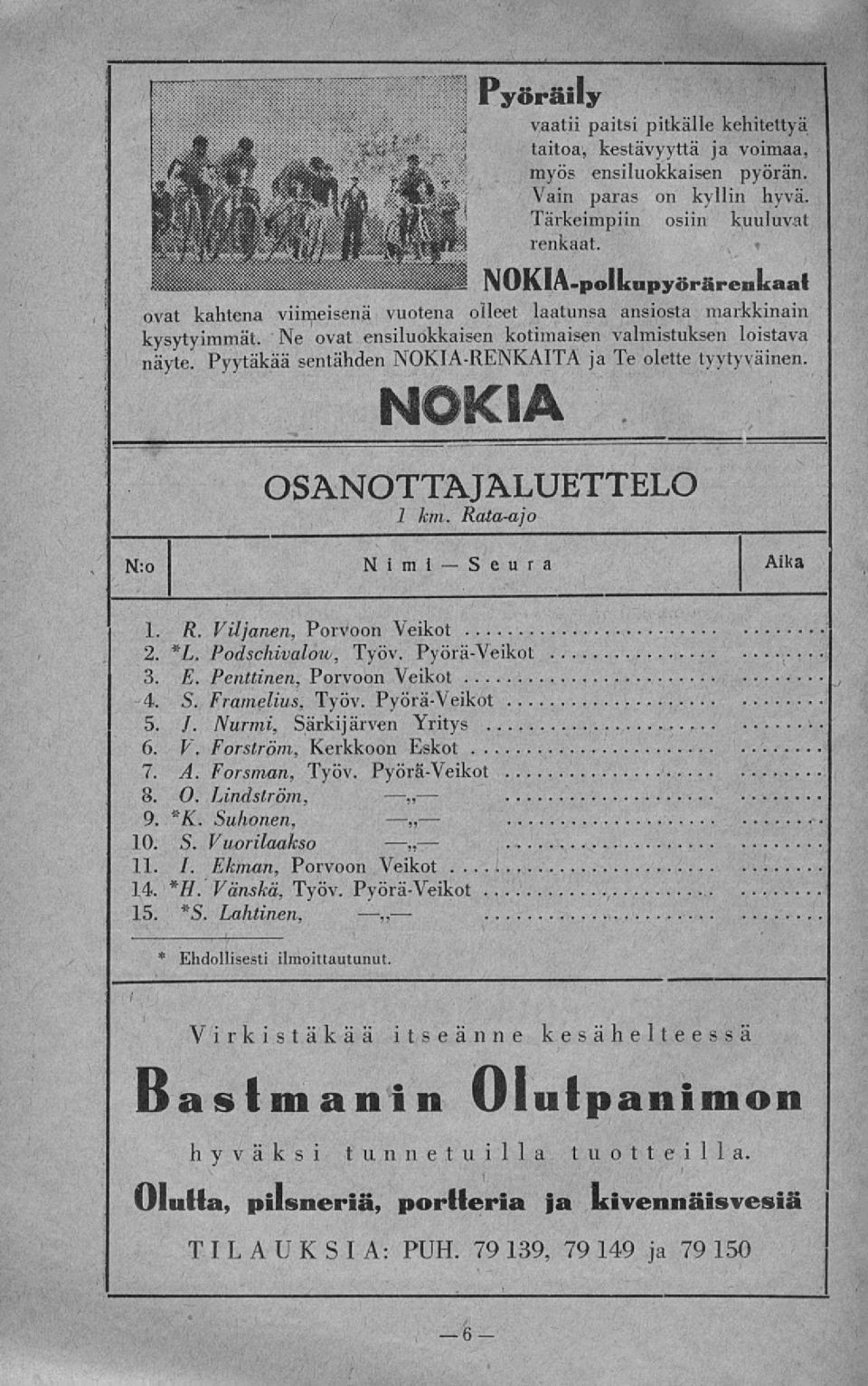 Pyytäkää sentähden NOKIA-RENKAITA ja Te olette tyytyväinen. OSANOTTAJALUETTELO 1 km. Rata-ajo N:o N i m i e v r a Aiki 1. R. Viljanen, Porvoon Veikot 2. *L. Podschivalow, Työv. Pyörä-Veikot 3. E.