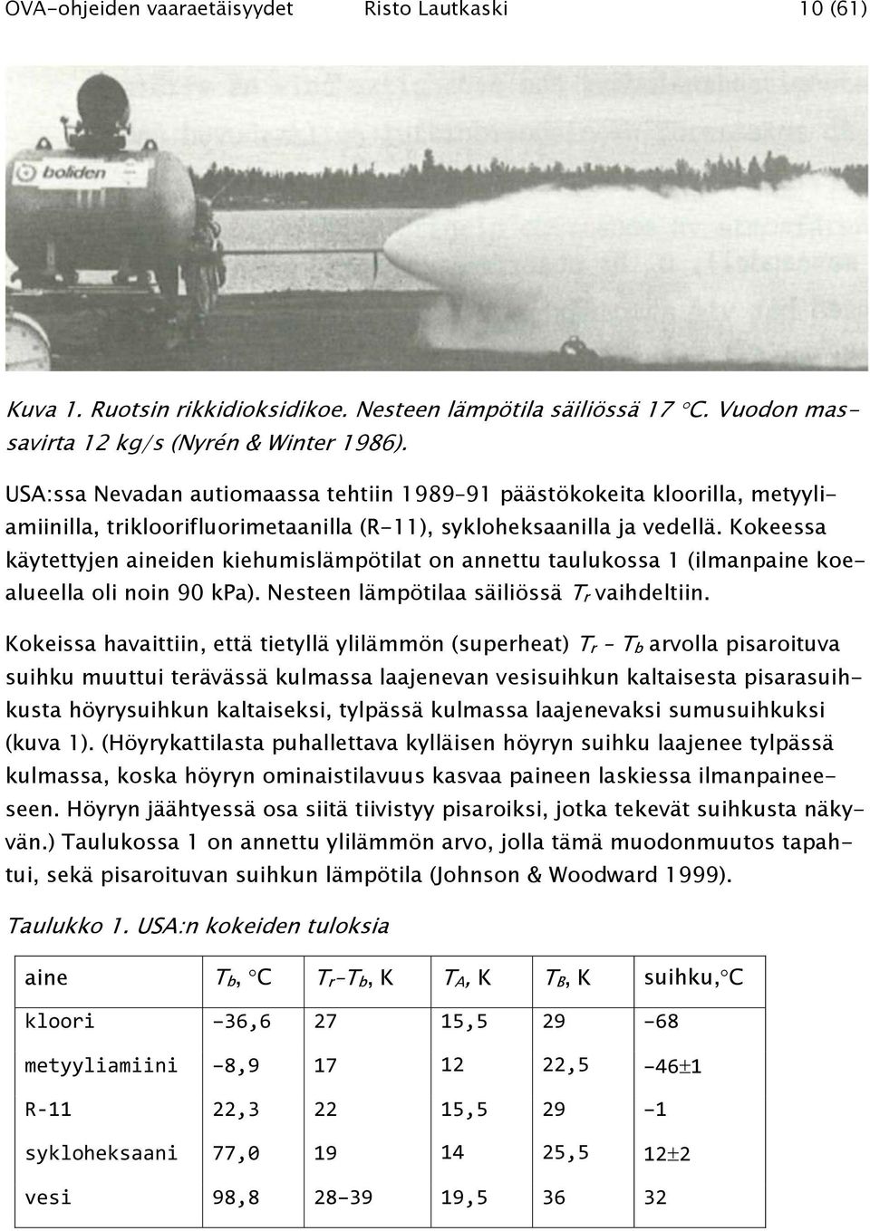 Kokeessa käytettyjen aineiden kiehumislämpötilat on annettu taulukossa 1 (ilmanpaine koealueella oli noin 90 kpa). Nesteen lämpötilaa säiliössä Tr vaihdeltiin.