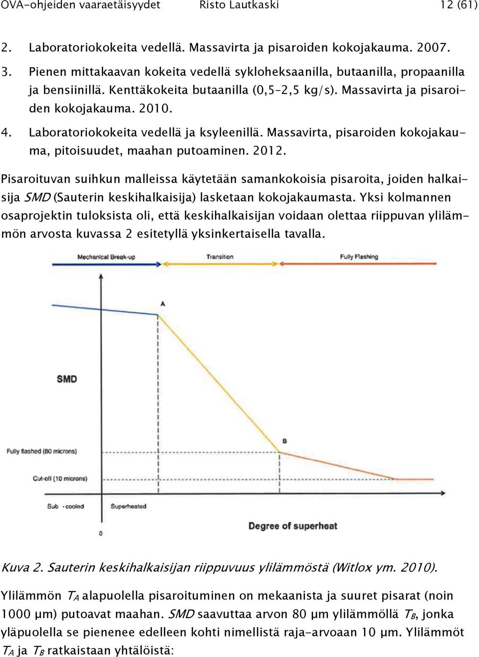 Laboratoriokokeita vedellä ja ksyleenillä. Massavirta, pisaroiden kokojakauma, pitoisuudet, maahan putoaminen. 2012.