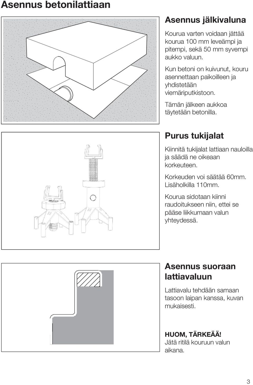 Purus tukijalat Kiinnitä tukijalat lattiaan nauloilla ja säädä ne oikeaan korkeuteen. Korkeuden voi säätää 60mm. Lisäholkilla 110mm.