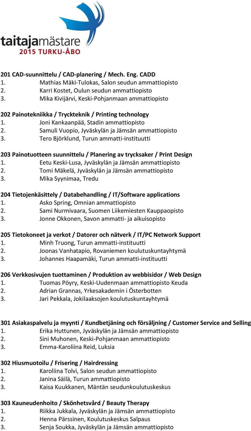 Tero Björklund, Turun ammatti-instituutti 203 Painotuotteen suunnittelu / Planering av trycksaker / Print Design 1. Eetu Keski-Lusa, Jyväskylän ja Jämsän ammattiopisto 2.