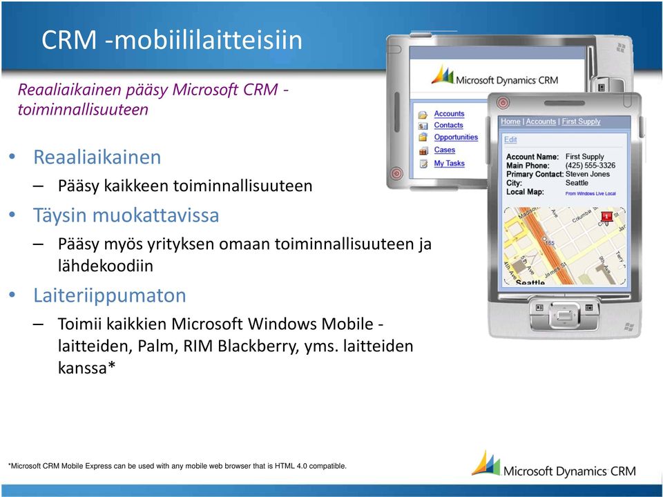 lähdekoodiin Laiteriippumaton Toimii kaikkien Microsoft Windows Mobile laitteiden, Palm, RIM Blackberry,