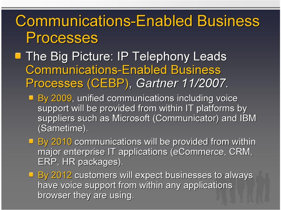 By 2009,, unified communications including voice support will be provided from within IT platforms by suppliers such as Microsoft