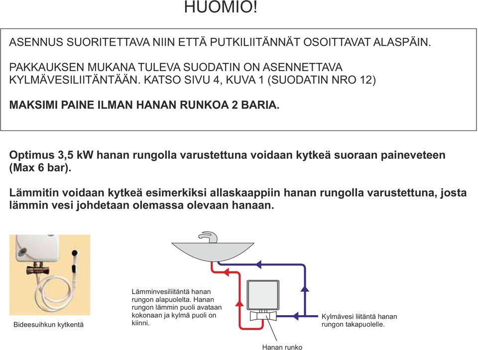 Optimus 3,5 kw hanan rungolla varustettuna voidaan kytkeä suoraan paineveteen (Max 6 bar).