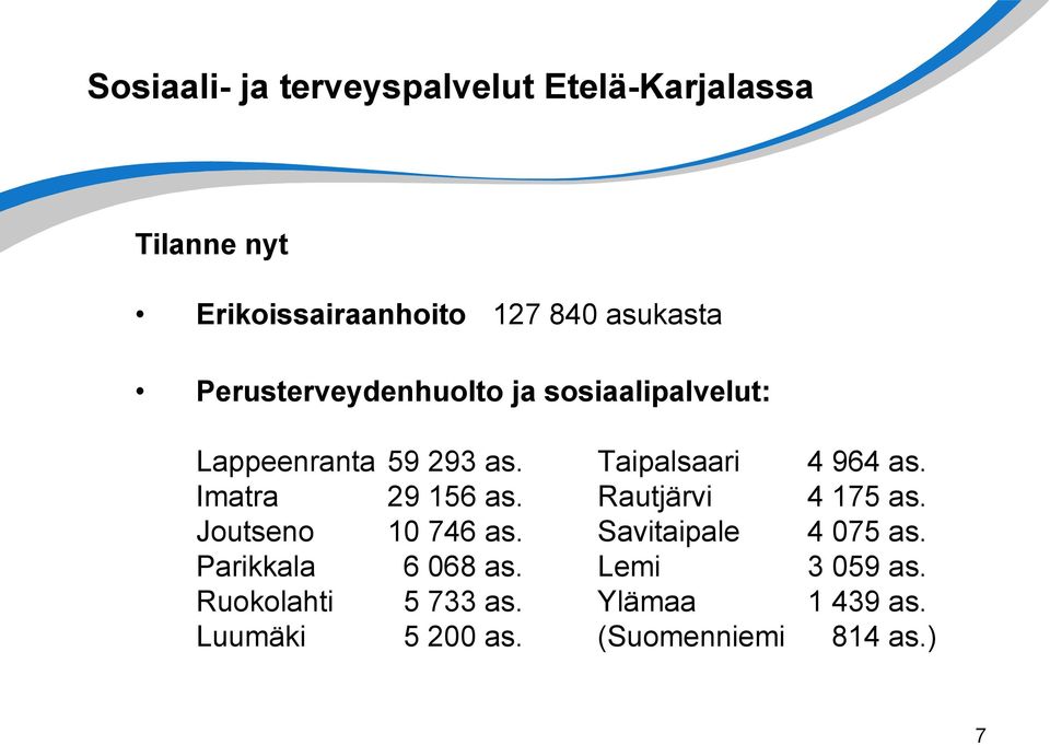 Imatra 29 156 as. Rautjärvi 4 175 as. Joutseno 10 746 as. Savitaipale 4 075 as.