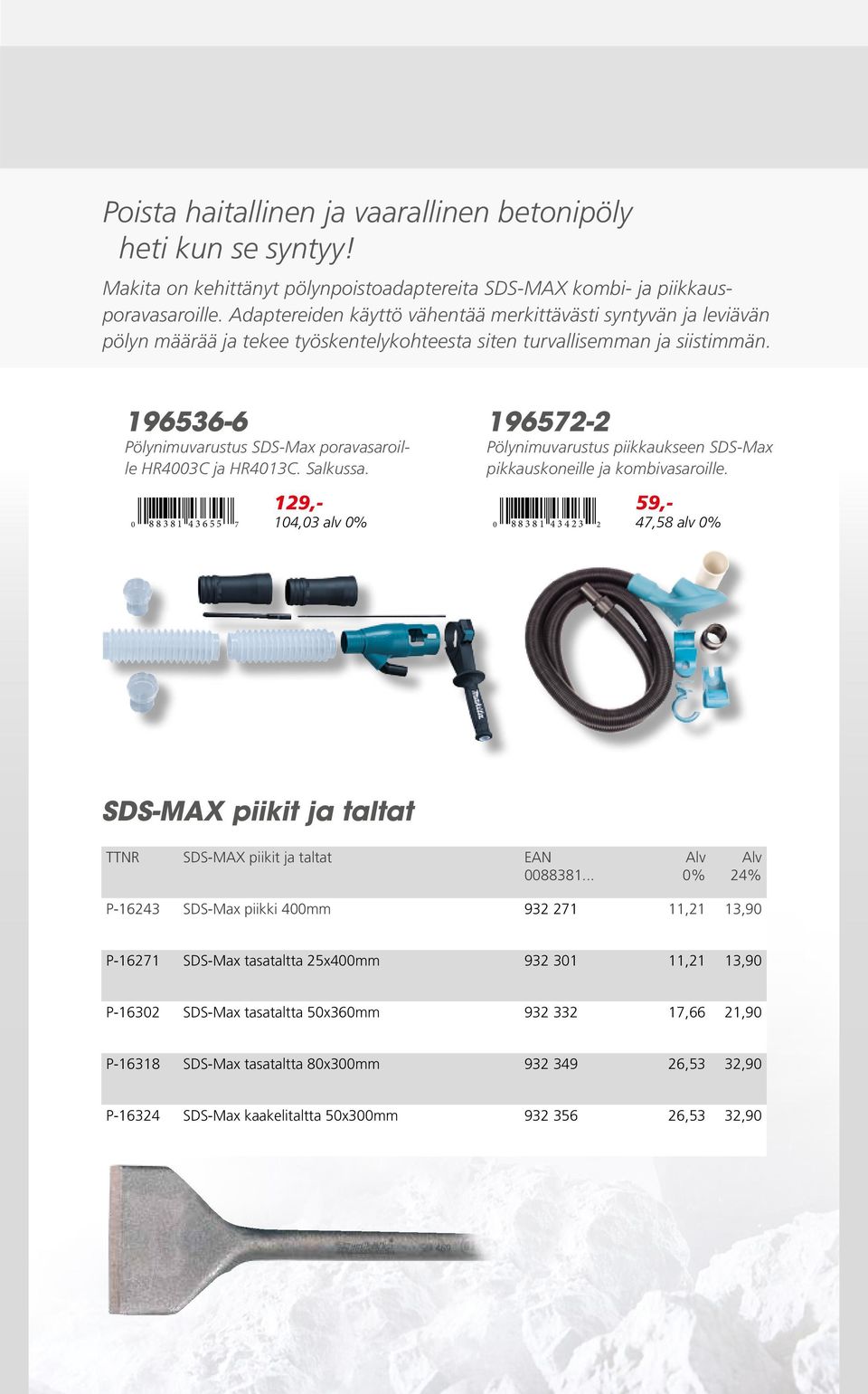 196536-6 Pölynimuvarustus SDS-Max poravasaroille HR4003C ja HR4013C. Salkussa.