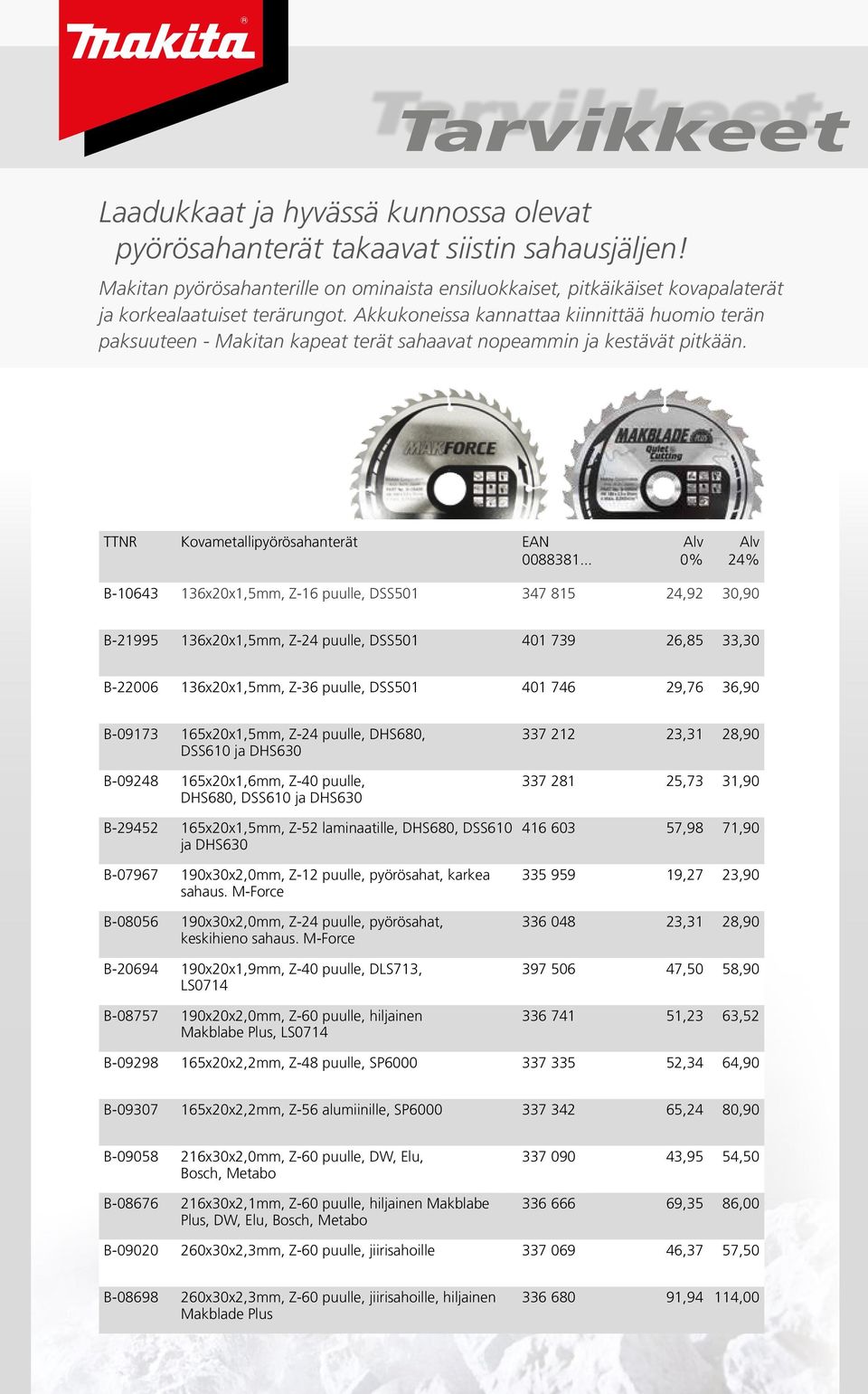 Akkukoneissa kannattaa kiinnittää huomio terän paksuuteen - Makitan kapeat terät sahaavat nopeammin ja kestävät pitkään. TTNR Kovametallipyörösahanterät EAN 0088381.
