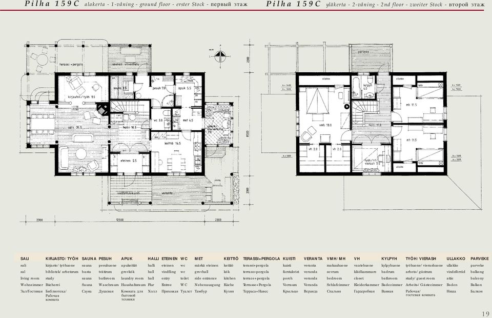 kuisti veranta makuuhuone vaatehuone kylpyhuone työhuone/vierashuone ullakko parveke sal bibliotek/arbetsrum bastu tvättrum grovkök hall vindfång wc grovhall kök terrass+pergola farstukvist veranda