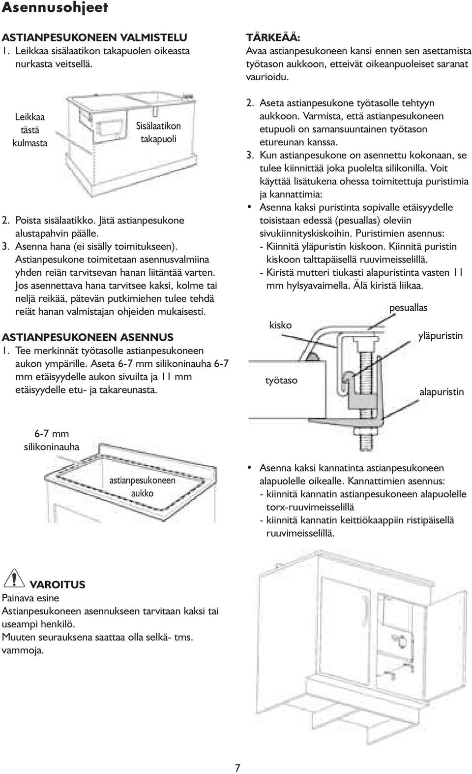 Jos asennettava hana tarvitsee kaksi, kolme tai neljä reikää, pätevän putkimiehen tulee tehdä reiät hanan valmistajan ohjeiden mukaisesti. ASTIANPESUKONEEN ASENNUS 1.