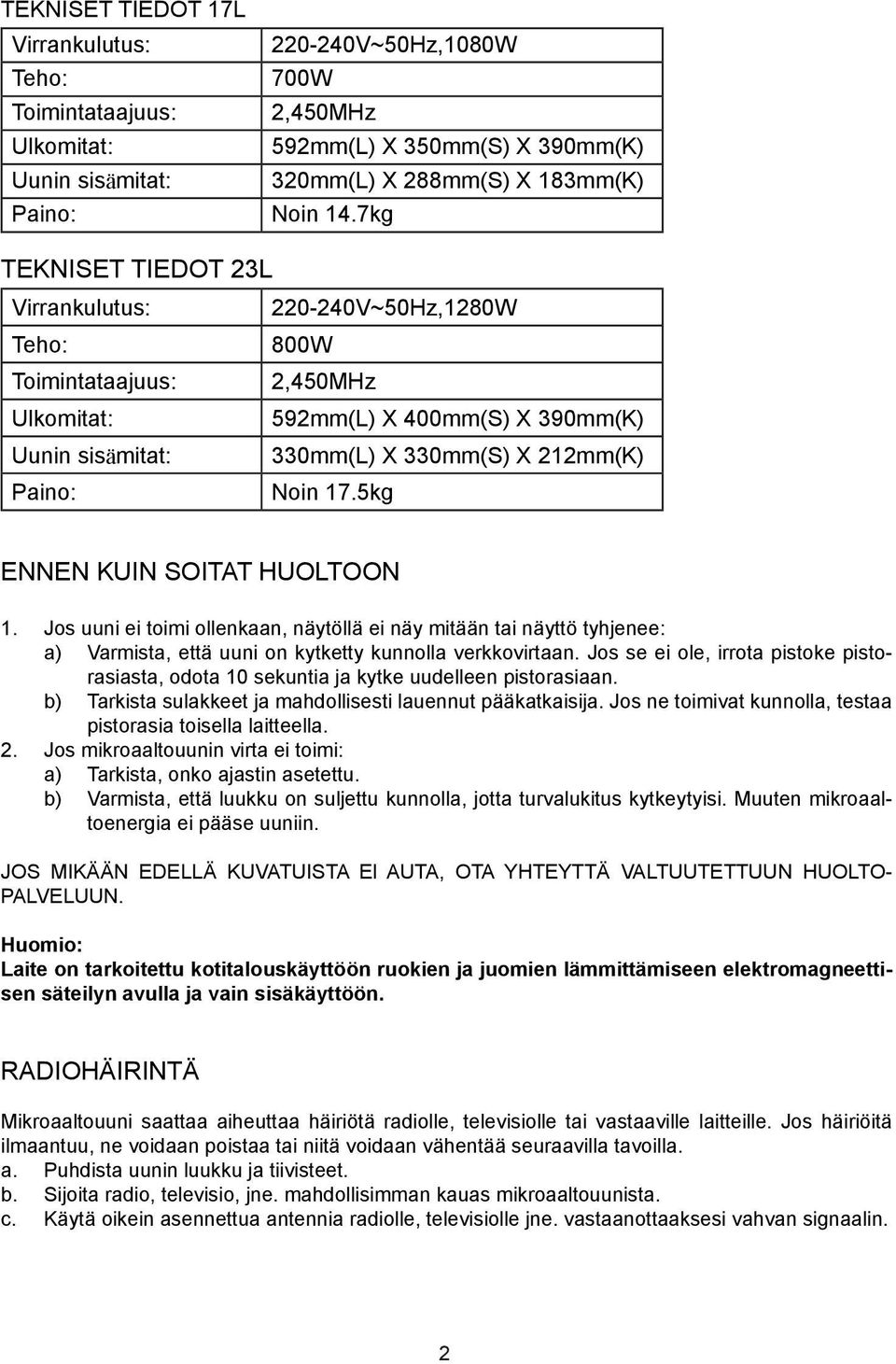 17.5kg ENNEN KUIN SOITAT HUOLTOON 1. Jos uuni ei toimi ollenkaan, näytöllä ei näy mitään tai näyttö tyhjenee: a) Varmista, että uuni on kytketty kunnolla verkkovirtaan.