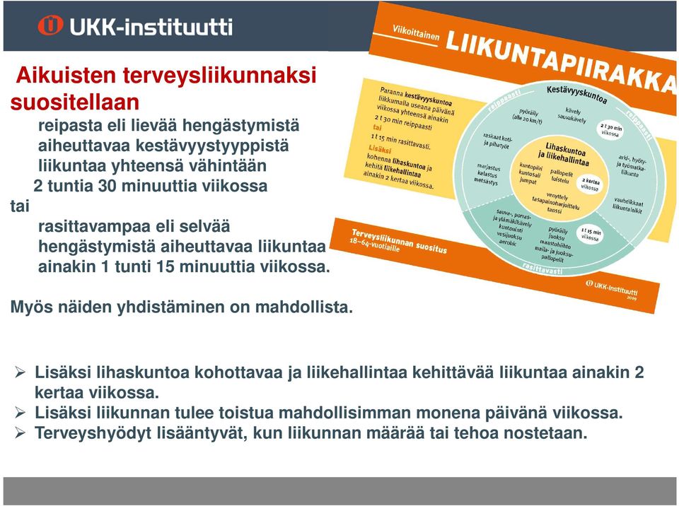 Myös näiden yhdistäminen on mahdollista. Lisäksi lihaskuntoa kohottavaa ja liikehallintaa kehittävää liikuntaa ainakin 2 kertaa viikossa.