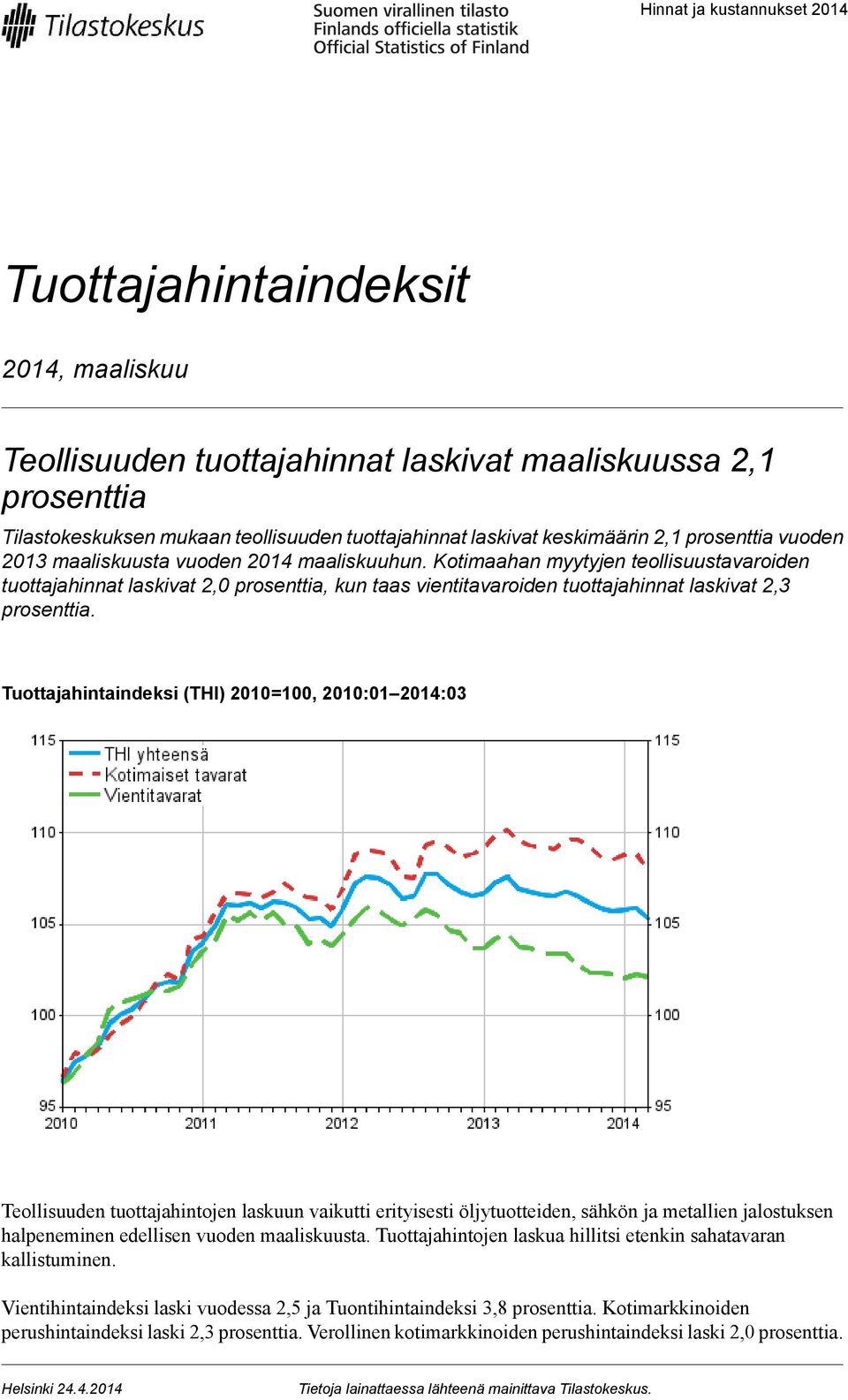 Kotimaahan myytyjen teollisuustavaroiden tuottajahinnat laskivat 2,0 prosenttia, kun taas vientitavaroiden tuottajahinnat laskivat 2,3 prosenttia.