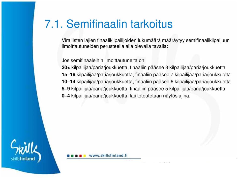 kilpailijaa/paria/joukkuetta, finaaliin pääsee 7 kilpailijaa/paria/joukkuetta 10 14 kilpailijaa/paria/joukkuetta, finaaliin pääsee 6