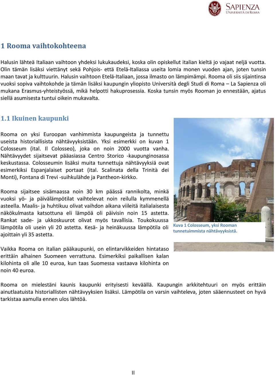 Rooma oli siis sijaintinsa vuoksi sopiva vaihtokohde ja tämän lisäksi kaupungin yliopisto Università degli Studi di Roma La Sapienza oli mukana Erasmus-yhteistyössä, mikä helpotti hakuprosessia.