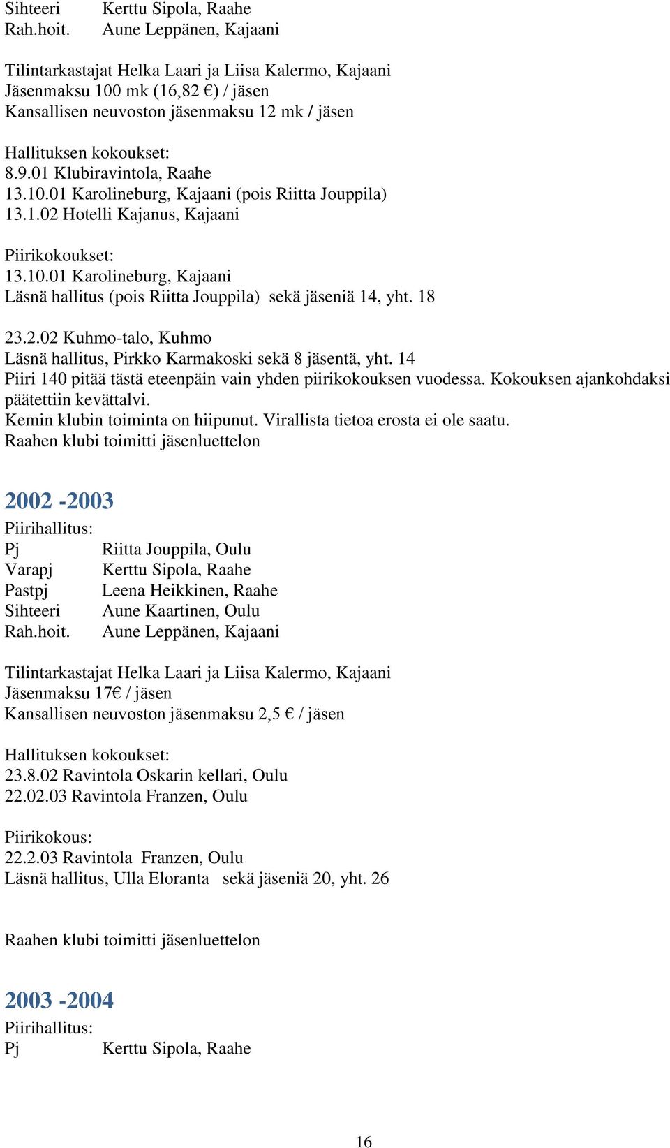 01 Klubiravintola, Raahe 13.10.01 Karolineburg, Kajaani (pois Riitta Jouppila) 13.1.02 Hotelli Kajanus, Kajaani 13.10.01 Karolineburg, Kajaani Läsnä hallitus (pois Riitta Jouppila) sekä jäseniä 14, yht.