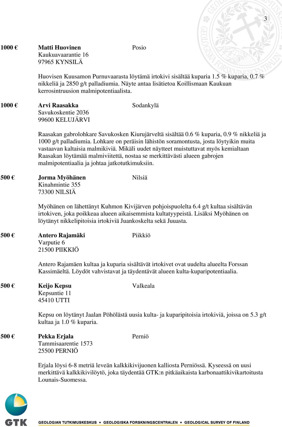 1000 Arvi Raasakka Sodankylä Savukoskentie 2036 99600 KELUJÄRVI Raasakan gabrolohkare Savukosken Kiurujärveltä sisältää 0.6 % kuparia, 0.9 % nikkeliä ja 1000 g/t palladiumia.