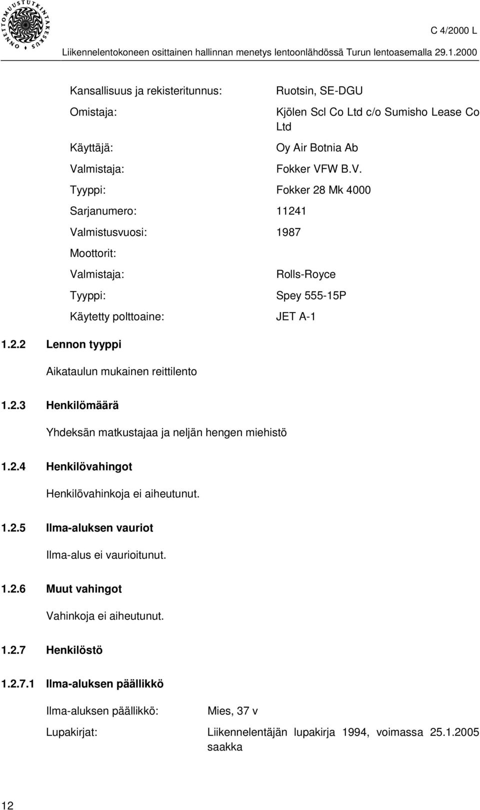 1.2.5 Ilma-aluksen vauriot Ilma-alus ei vaurioitunut. 1.2.6 Muut vahingot Vahinkoja ei aiheutunut. 1.2.7 