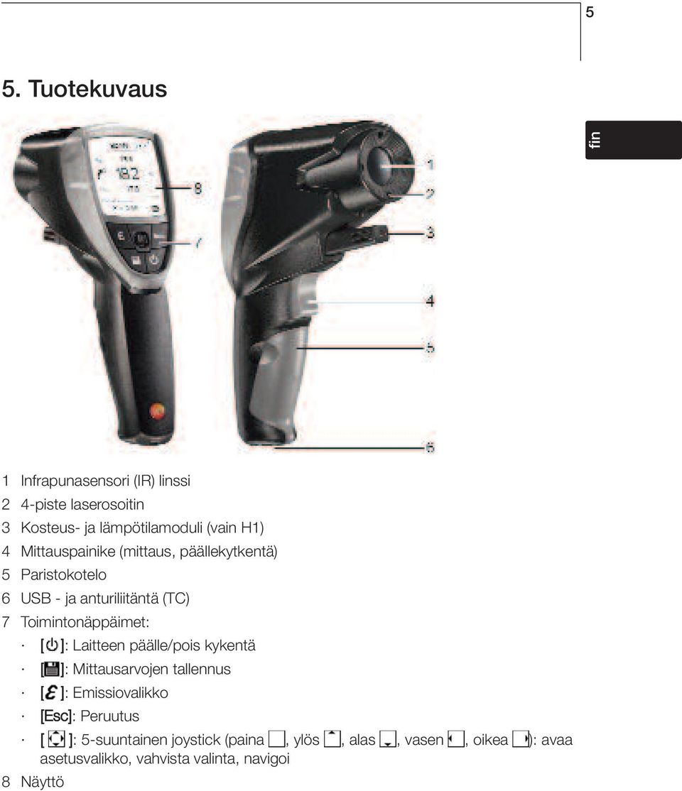 7 Toimintonäppäimet: [ ]: Laitteen päälle/pois kykentä [ ]: Mittausarvojen tallennus [ ]: Emissiovalikko [Esc]: