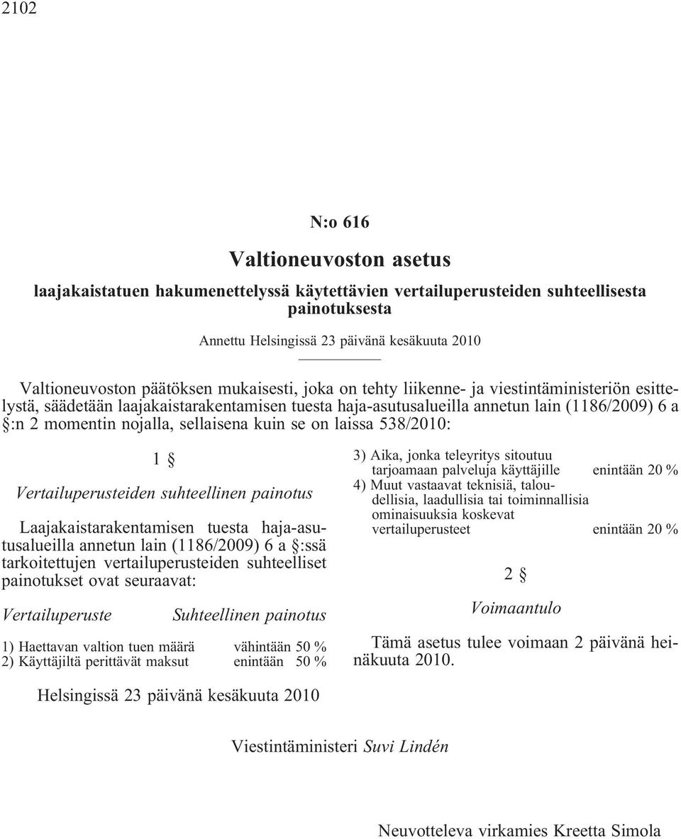 sellaisena kuin se on laissa 538/2010: 1 Vertailuperusteiden suhteellinen painotus Laajakaistarakentamisen tuesta haja-asutusalueilla annetun lain(1186/2009) 6 a :ssä tarkoitettujen