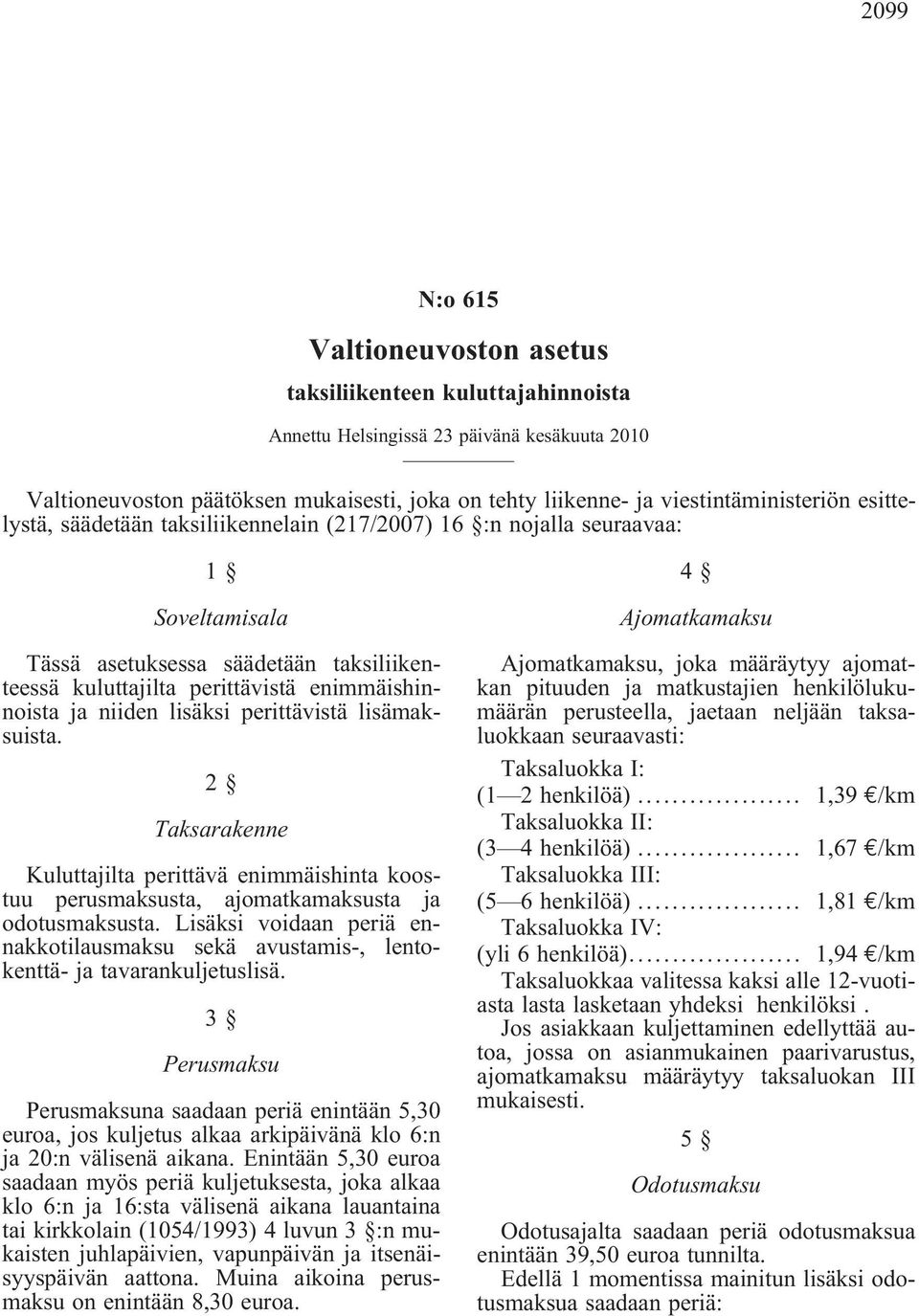 enimmäishinnoista ja niiden lisäksi perittävistä lisämaksuista. 2 Taksarakenne Kuluttajilta perittävä enimmäishinta koostuu perusmaksusta, ajomatkamaksusta ja odotusmaksusta.