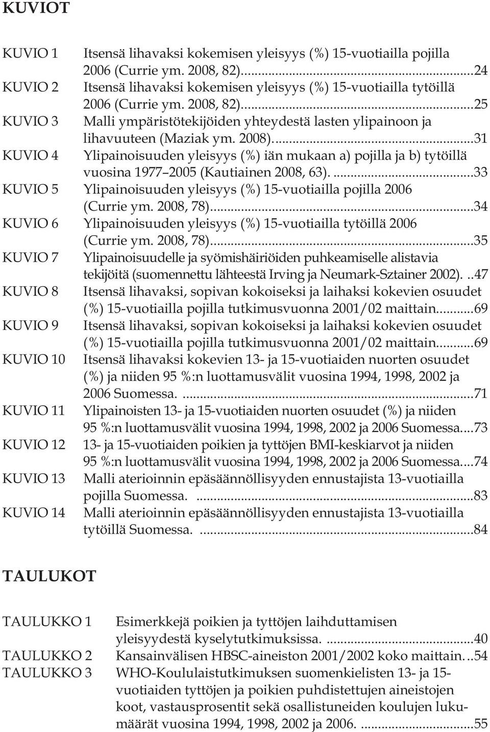 ... 31 KUVIO 4 Ylipainoisuuden yleisyys (%) iän mukaan a) pojilla ja b) tytöillä vuosina 1977 2005 (Kautiainen 2008, 63).... 33 KUVIO 5 Ylipainoisuuden yleisyys (%) 15-vuotiailla pojilla 2006 (Currie ym.