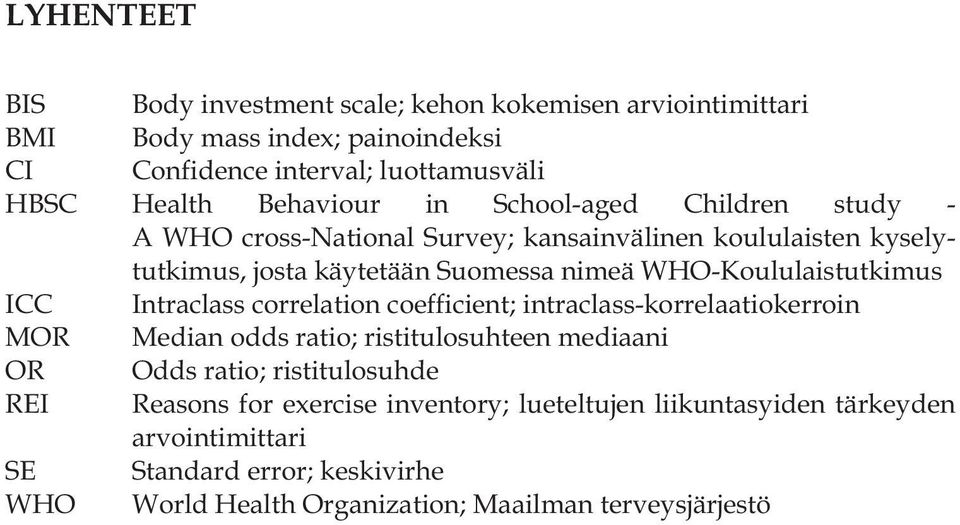 WHO-Koululaistutkimus ICC Intraclass correlation coefficient; intraclass-korrelaatiokerroin MOR Median odds ratio; ristitulosuhteen mediaani OR Odds ratio;