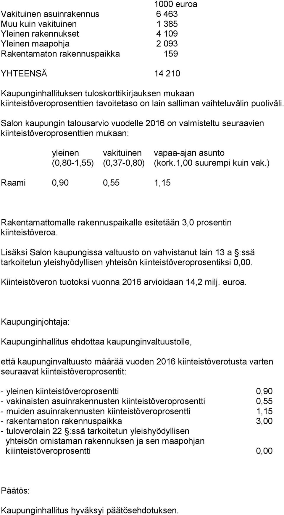 Salon kaupungin talousarvio vuodelle 2016 on valmisteltu seuraavien kiinteistöveroprosenttien mukaan: yleinen vakituinen vapaa-ajan asunto (0,80-1,55) (0,37-0,80) (kork.1,00 suurempi kuin vak.