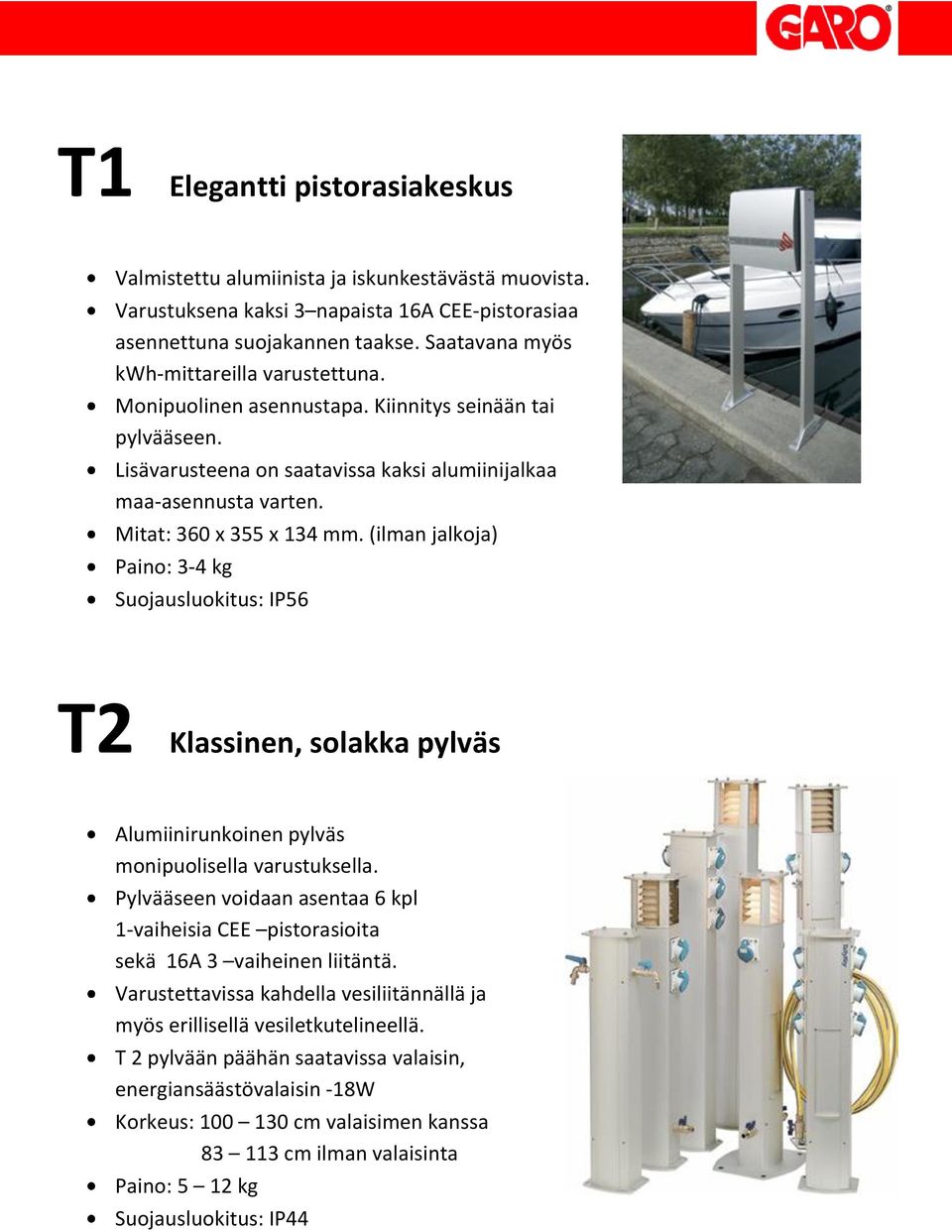 Mitat: 360 x 355 x 134 mm. (ilman jalkoja) Paino: 3-4 kg Suojausluokitus: IP56 T2 Klassinen, solakka pylväs Alumiinirunkoinen pylväs monipuolisella varustuksella.