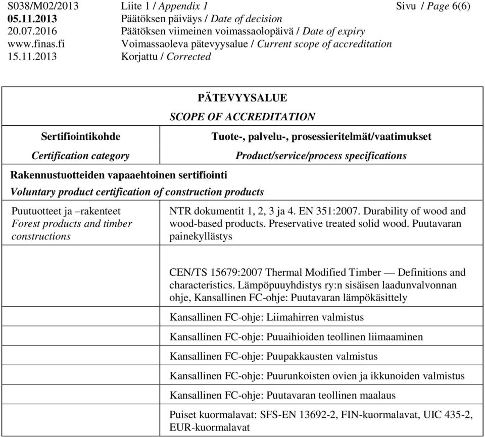 Durability of wood and wood-based products. Preservative treated solid wood. Puutavaran painekyllästys CEN/TS 15679:2007 Thermal Modified Timber Definitions and characteristics.