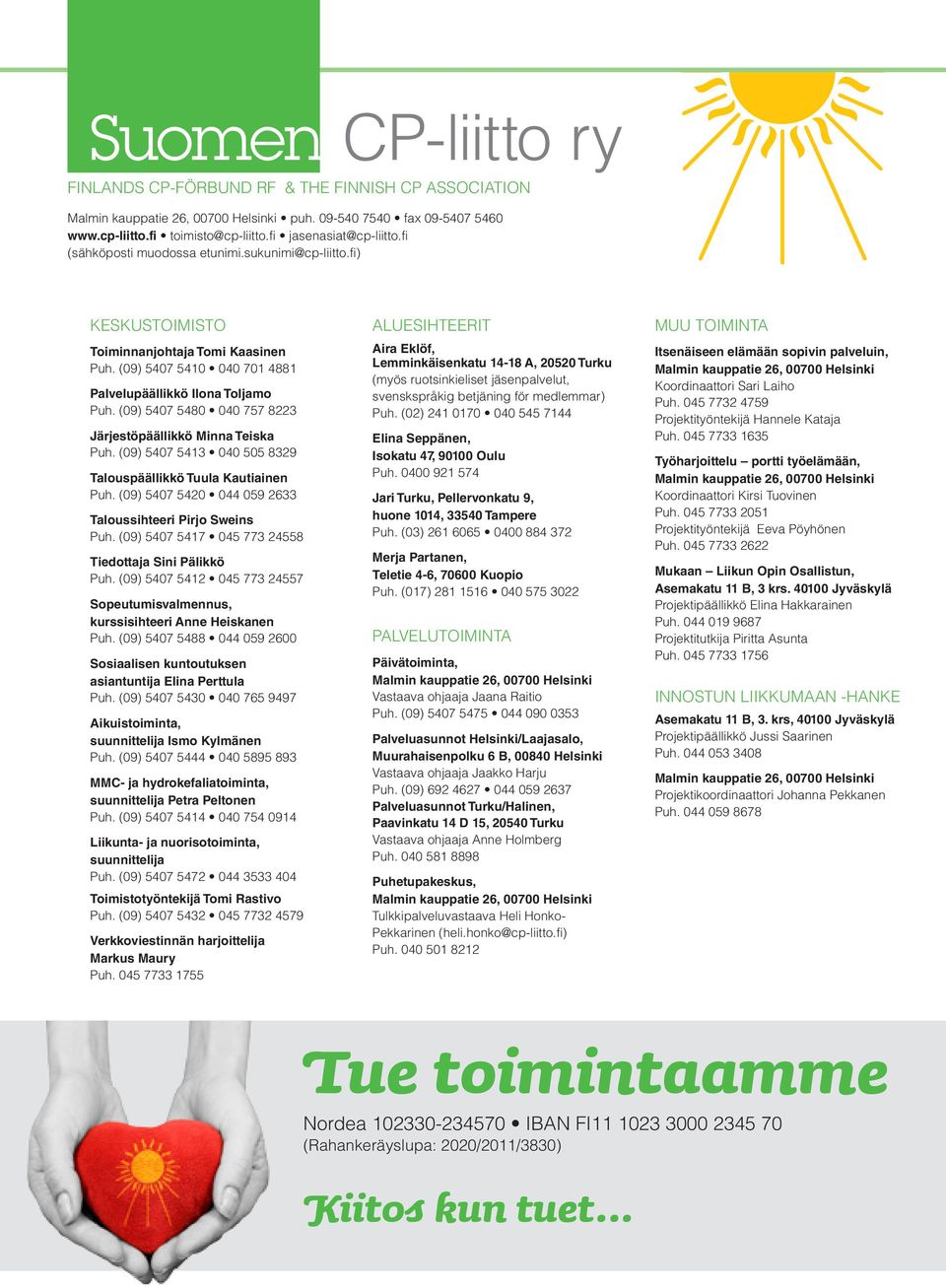 (09) 5407 5480 040 757 8223 Järjestöpäällikkö Minna Teiska Puh. (09) 5407 5413 040 505 8329 Talouspäällikkö Tuula Kautiainen Puh. (09) 5407 5420 044 059 2633 Taloussihteeri Pirjo Sweins Puh.