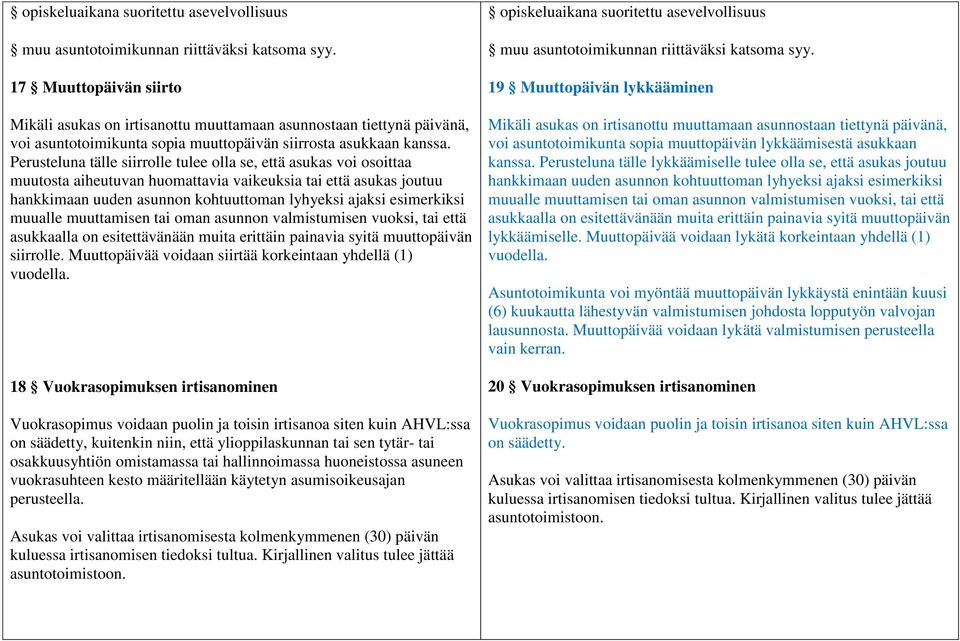 Perusteluna tälle siirrolle tulee olla se, että asukas voi osoittaa muutosta aiheutuvan huomattavia vaikeuksia tai että asukas joutuu hankkimaan uuden asunnon kohtuuttoman lyhyeksi ajaksi esimerkiksi