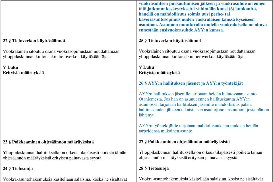 22 Tietoverkon käyttösäännöt Vuokralainen sitoutuu osana vuokrasopimustaan noudattamaan ylioppilaskunnan kulloisiakin tietoverkon käyttösääntöjä.