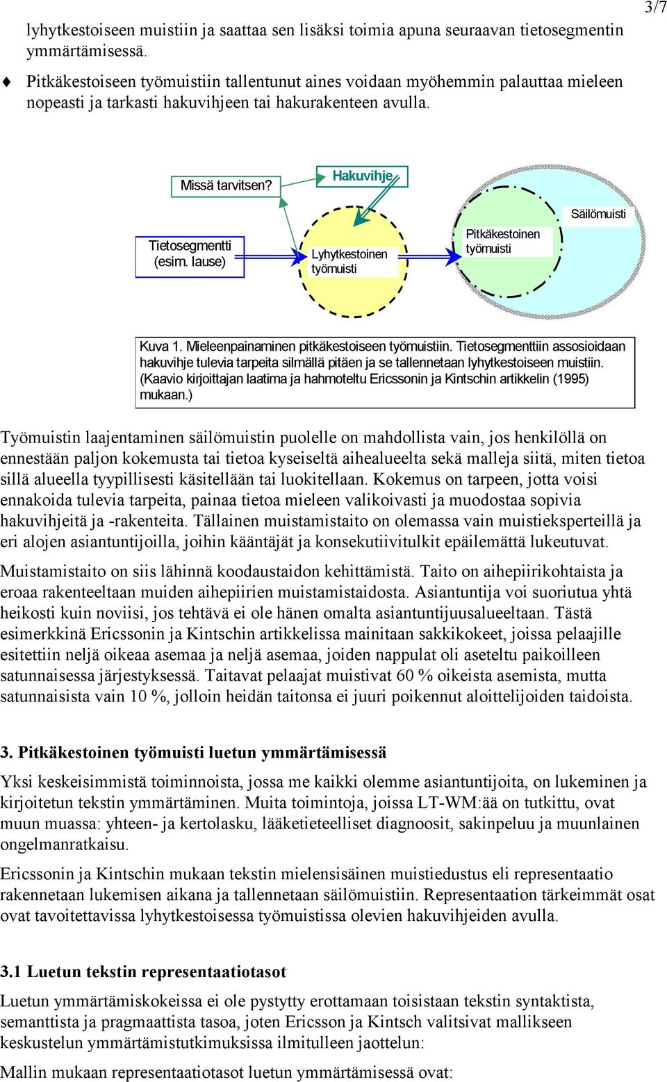 lause) Hakuvihje Lyhytkestoinen työmuisti Pitkäkestoinen työmuisti Säilömuisti Kuva 1. Mieleenpainaminen pitkäkestoiseen työmuistiin.