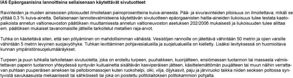 Sellaisenaan lannoitevalmisteena käytettävän sivutuotteen epäorgaanisten haitta-aineiden liukoisuus tulee testata kaatopaikoista annetun valtioneuvoston päätöksen muuttamisesta annetun