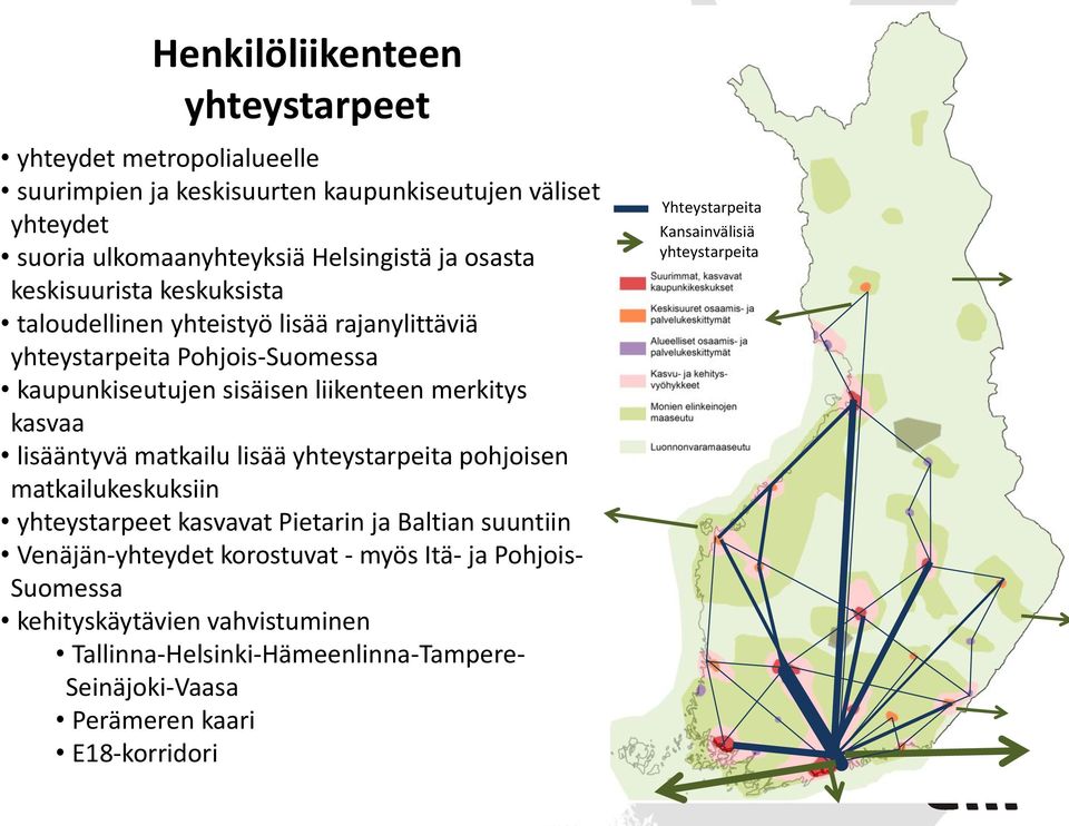 matkailu lisää yhteystarpeita pohjoisen matkailukeskuksiin yhteystarpeet kasvavat Pietarin ja Baltian suuntiin Venäjän-yhteydet korostuvat - myös Itä- ja Pohjois-