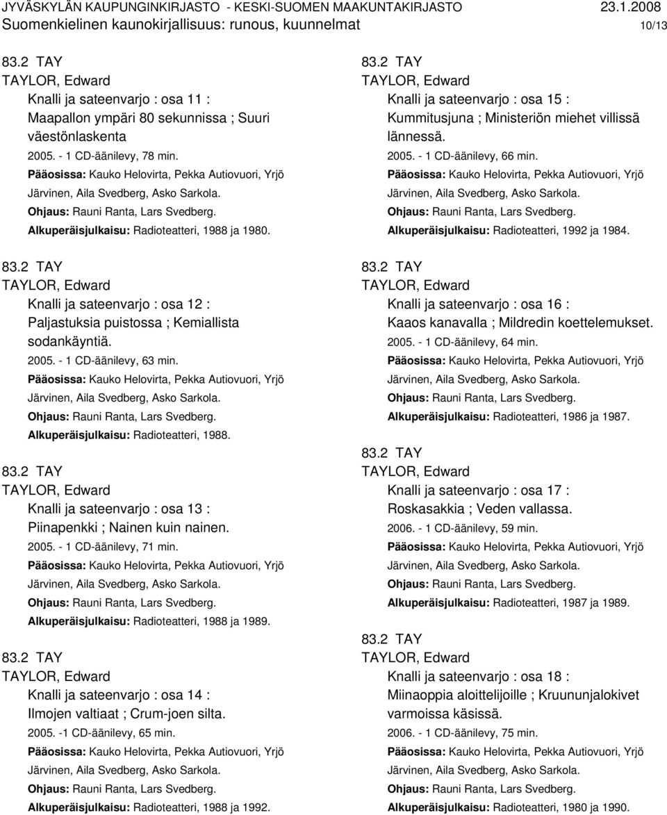 Alkuperäisjulkaisu: Radioteatteri, 1988. Knalli ja sateenvarjo : osa 13 : Piinapenkki ; Nainen kuin nainen. 2005. - 1 CD-äänilevy, 71 min. Alkuperäisjulkaisu: Radioteatteri, 1988 ja 1989.