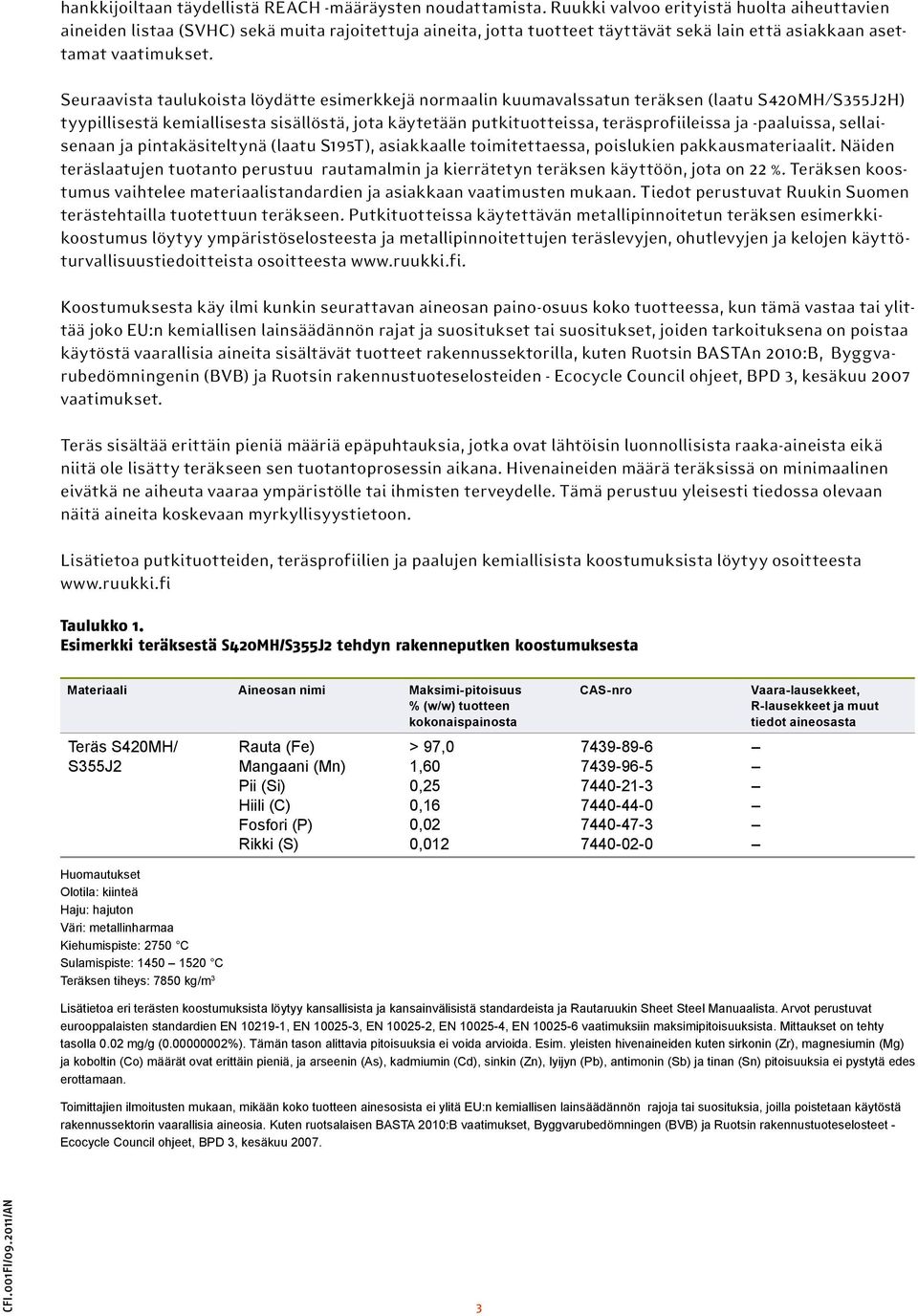 Seuraavista taulukoista löydätte esimerkkejä normaalin kuumavalssatun teräksen (laatu S420MH/S355J2H) tyypillisestä kemiallisesta sisällöstä, jota käytetään putkituotteissa, teräsprofiileissa ja