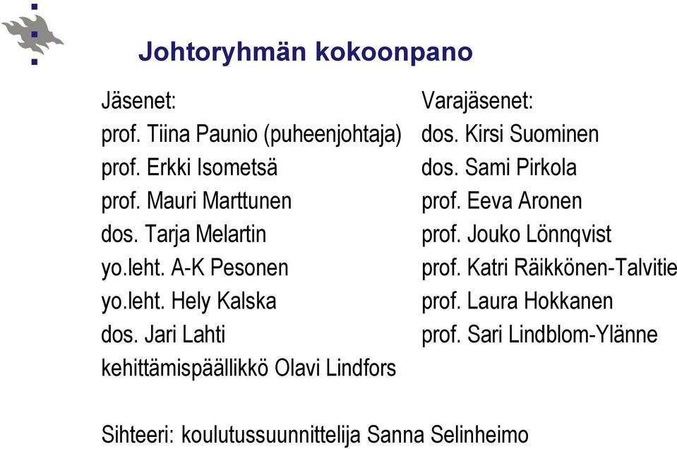 Jari Lahti kehittämispäällikkö Olavi Lindfors Varajäsenet: dos. Kirsi Suominen dos. Sami Pirkola prof.