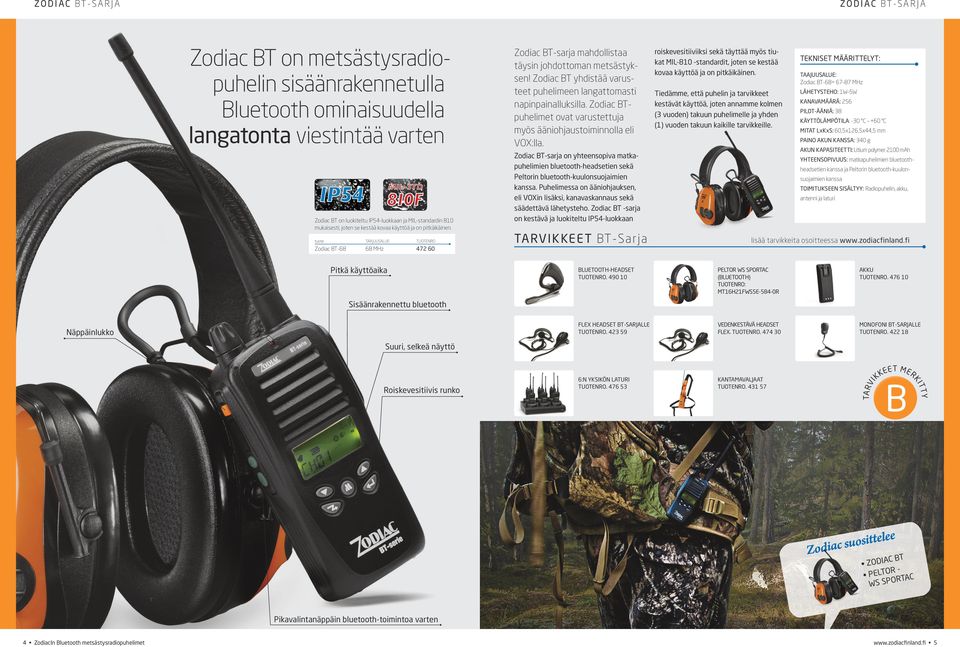 Zodiac BT yhditää varuteet puhelimeen langattomati napinpainallukilla. Zodiac BTpuhelimet ovat varutettuja myö ääniohjautoiminnolla eli VOX:lla.