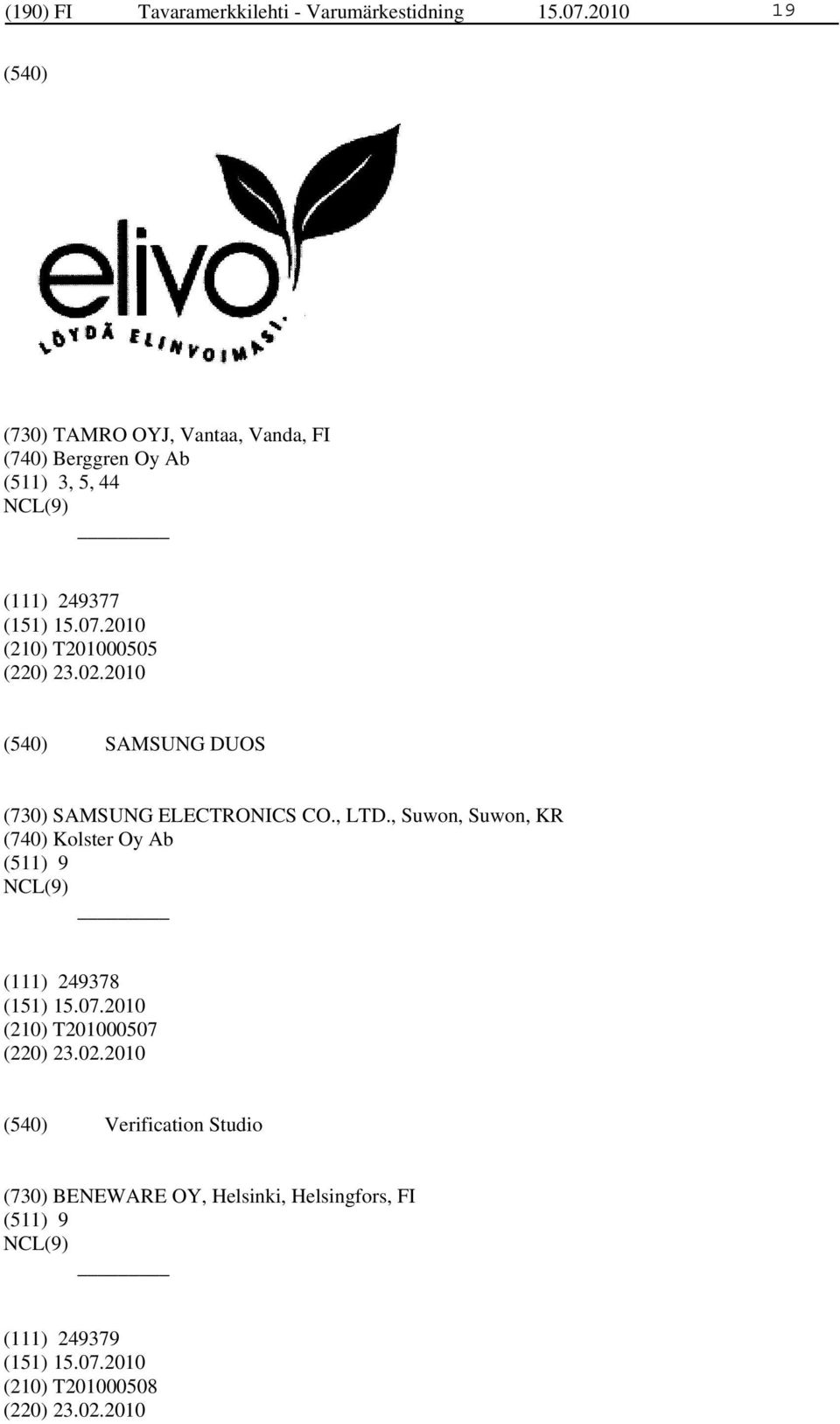 (220) 23.02.2010 SAMSUNG DUOS (730) SAMSUNG ELECTRONICS CO., LTD.