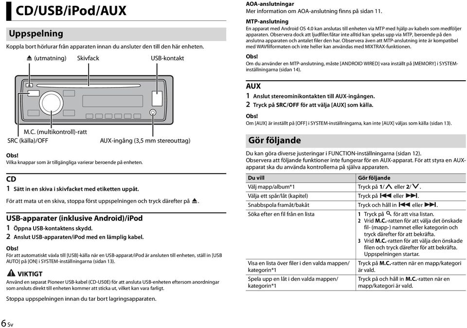 AUX-ingång (3,5 mm stereouttag) För att mata ut en skiva, stoppa först uppspelningen och tryck därefter på. USB-apparater (inklusive Android)/iPod 1 Öppna USB-kontaktens skydd.