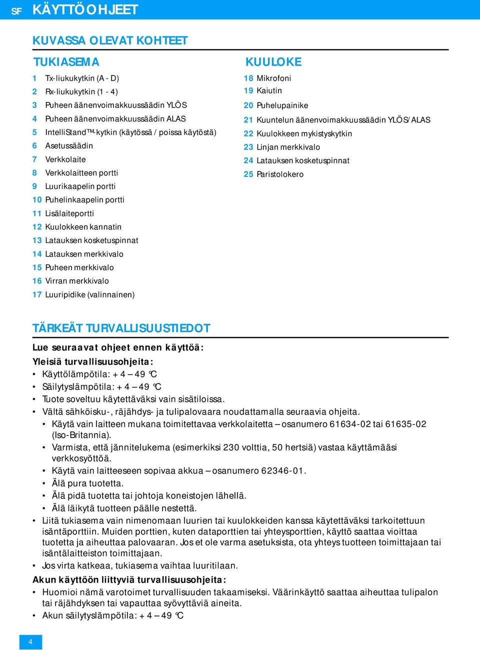 Latauksen merkkivalo 15 Puheen merkkivalo 16 Virran merkkivalo 17 Luuripidike (valinnainen) KUULOKE 18 Mikrofoni 19 Kaiutin 20 Puhelupainike 21 Kuuntelun äänenvoimakkuussäädin YLÖS/ALAS 22 Kuulokkeen