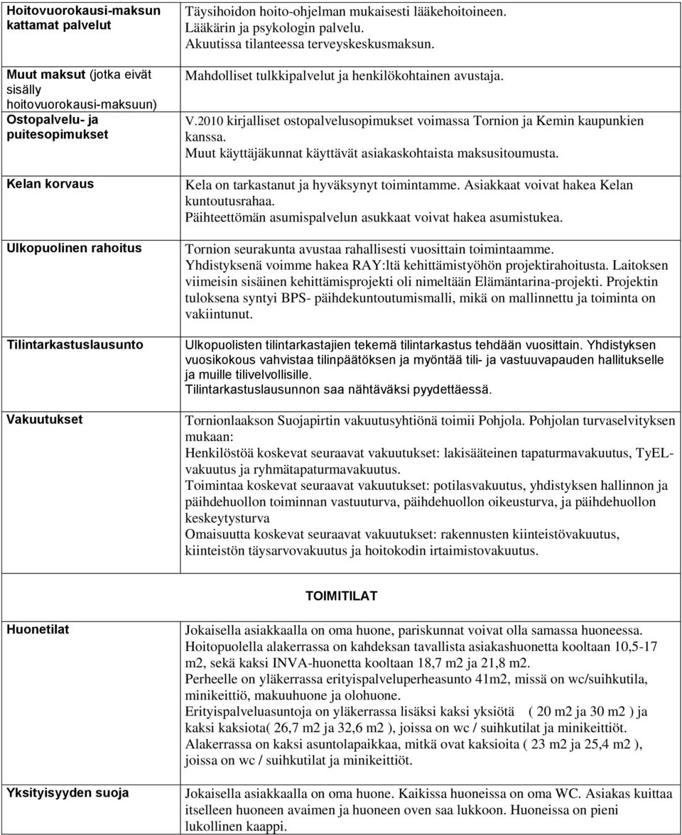 V.2010 kirjalliset ostopalvelusopimukset voimassa Tornion ja Kemin kaupunkien kanssa. Muut käyttäjäkunnat käyttävät asiakaskohtaista maksusitoumusta. Kela on tarkastanut ja hyväksynyt toimintamme.