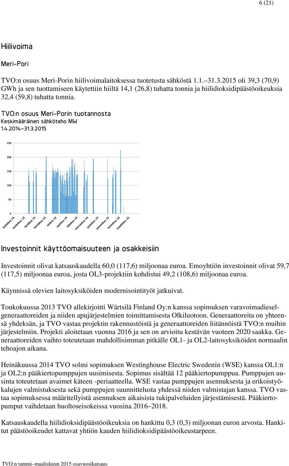 TVO:n osuus Meri-Porin tuotannosta Keskimääräinen sähköteho MW 1.4.2014 31.3.2015 Investoinnit käyttöomaisuuteen ja osakkeisiin Investoinnit olivat katsauskaudella 60,0 (117,6) miljoonaa euroa.