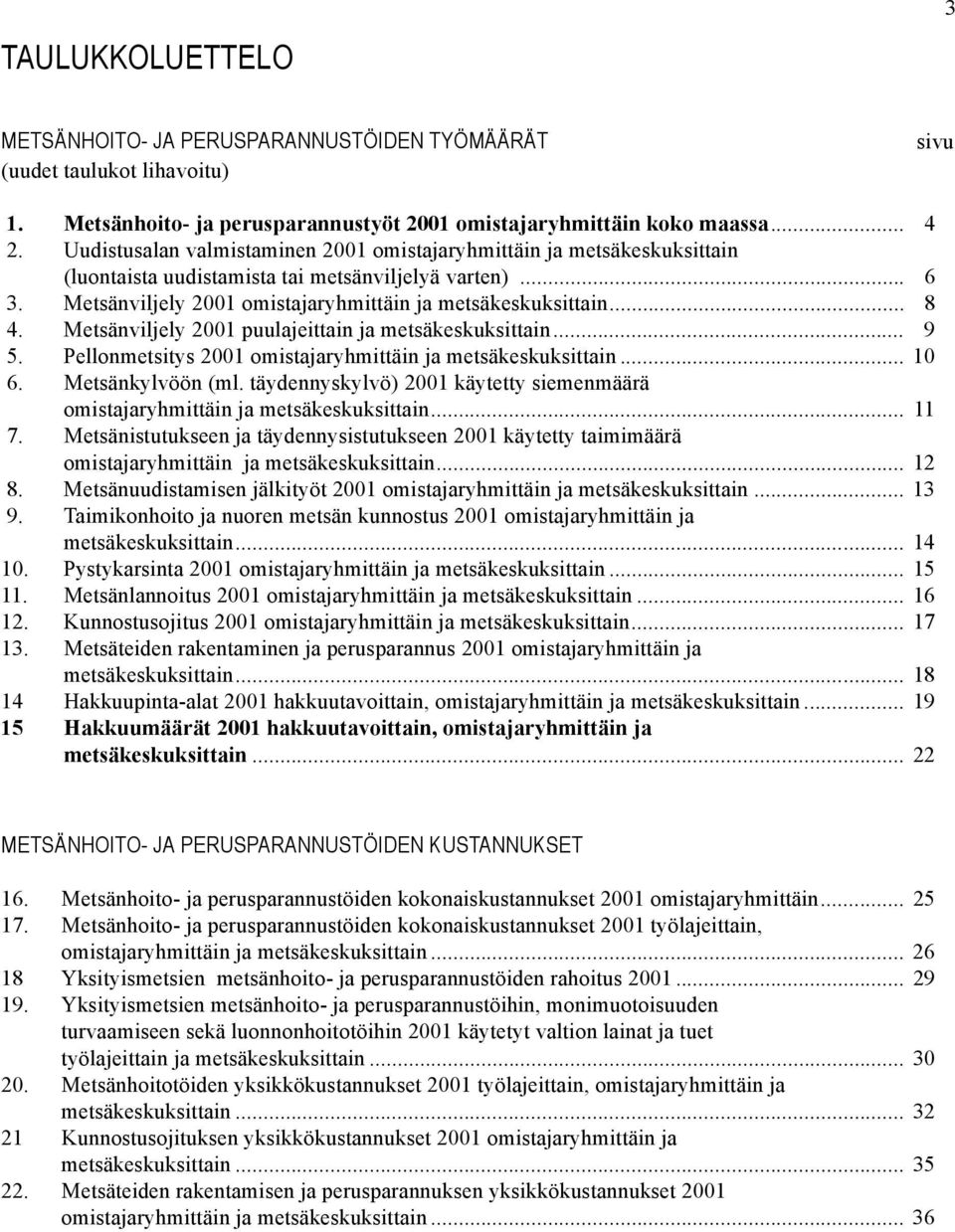 Metsänviljely 2001 puulajeittain ja metsäkeskuksittain... 9 5. Pellonmetsitys 2001 omistajaryhmittäin ja metsäkeskuksittain... 10 6. Metsänkylvöön (ml.