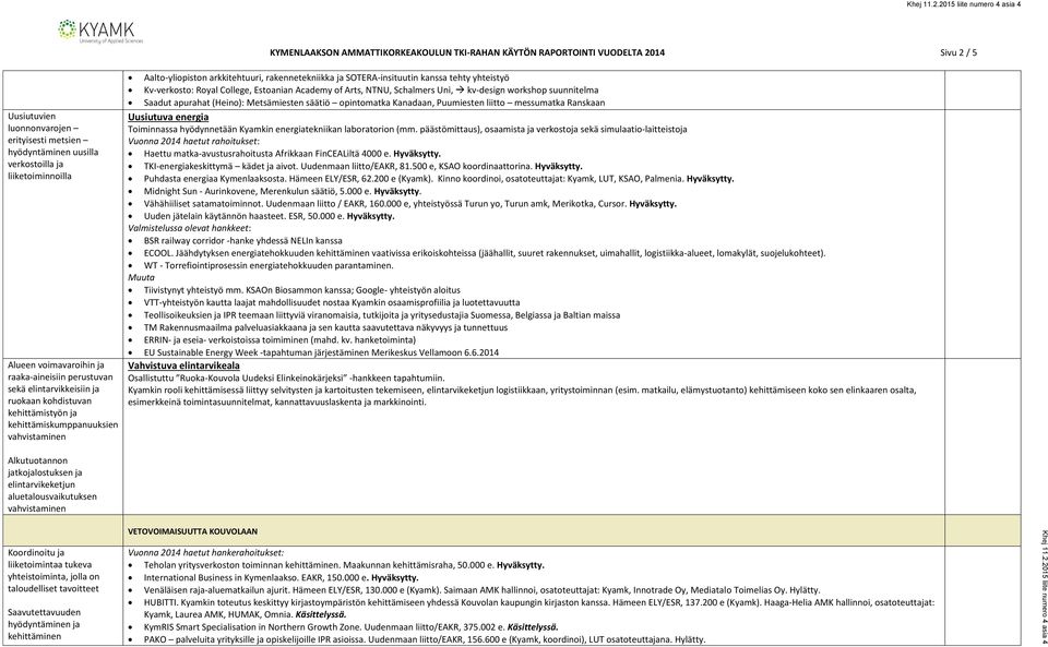 SOTERA-insituutin kanssa tehty yhteistyö Kv-verkosto: Royal College, Estoanian Academy of Arts, NTNU, Schalmers Uni, kv-design workshop suunnitelma Saadut apurahat (Heino): Metsämiesten säätiö