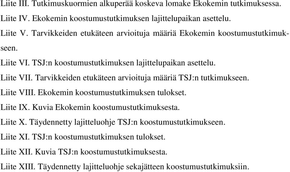 Tarvikkeiden etukäteen arvioituja määriä TSJ:n tutkimukseen. Liite VIII. Ekokemin koostumustutkimuksen tulokset. Liite IX. Kuvia Ekokemin koostumustutkimuksesta. Liite X.