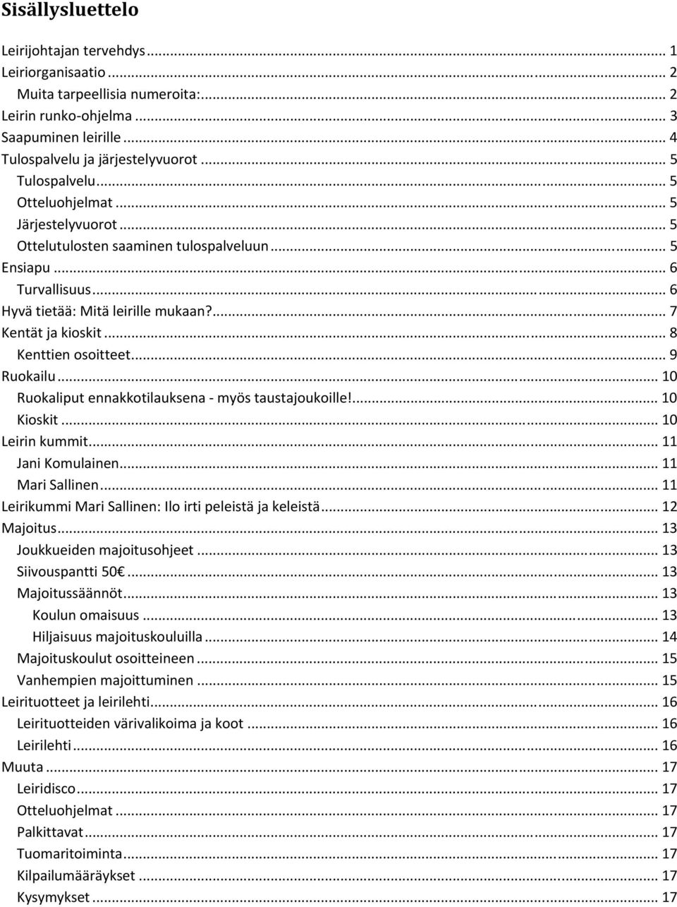 .. 8 Kenttien osoitteet... 9 Ruokailu... 10 Ruokaliput ennakkotilauksena myös taustajoukoille!... 10 Kioskit... 10 Leirin kummit... 11 Jani Komulainen... 11 Mari Sallinen.